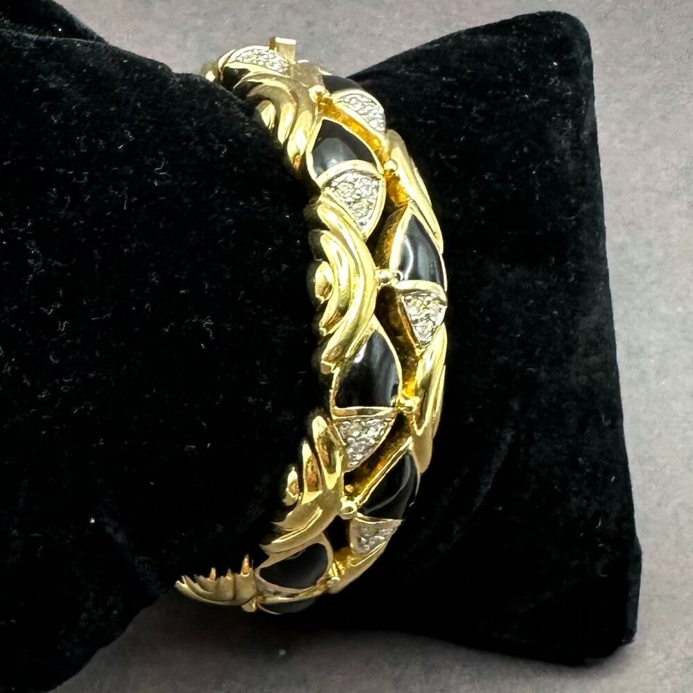 Vintage Saks Fifth Avenue Gold-Tone and Black Enamel and Quartz Bracelet - Picture 1 of 12